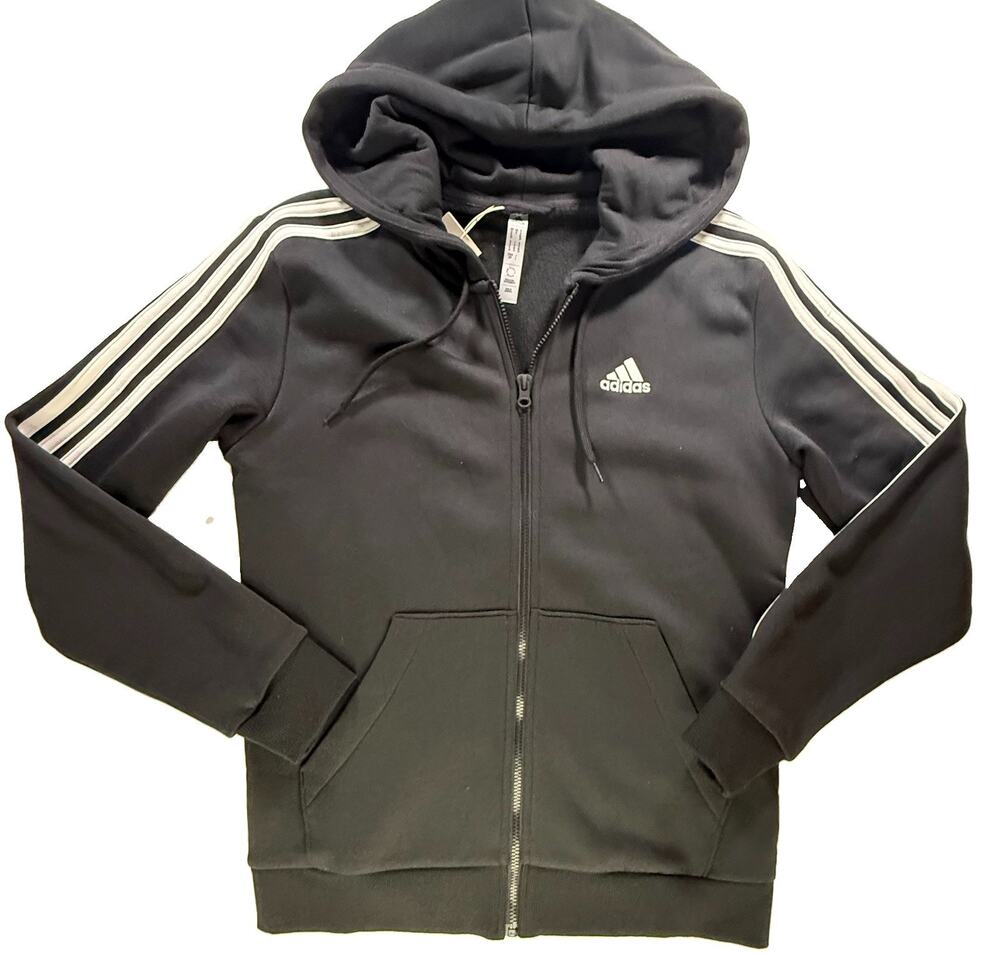 NWT Adidas Women's 3-Stripes Full Zip Fleece Hoodie Black White S HZ5743 $60 MSR